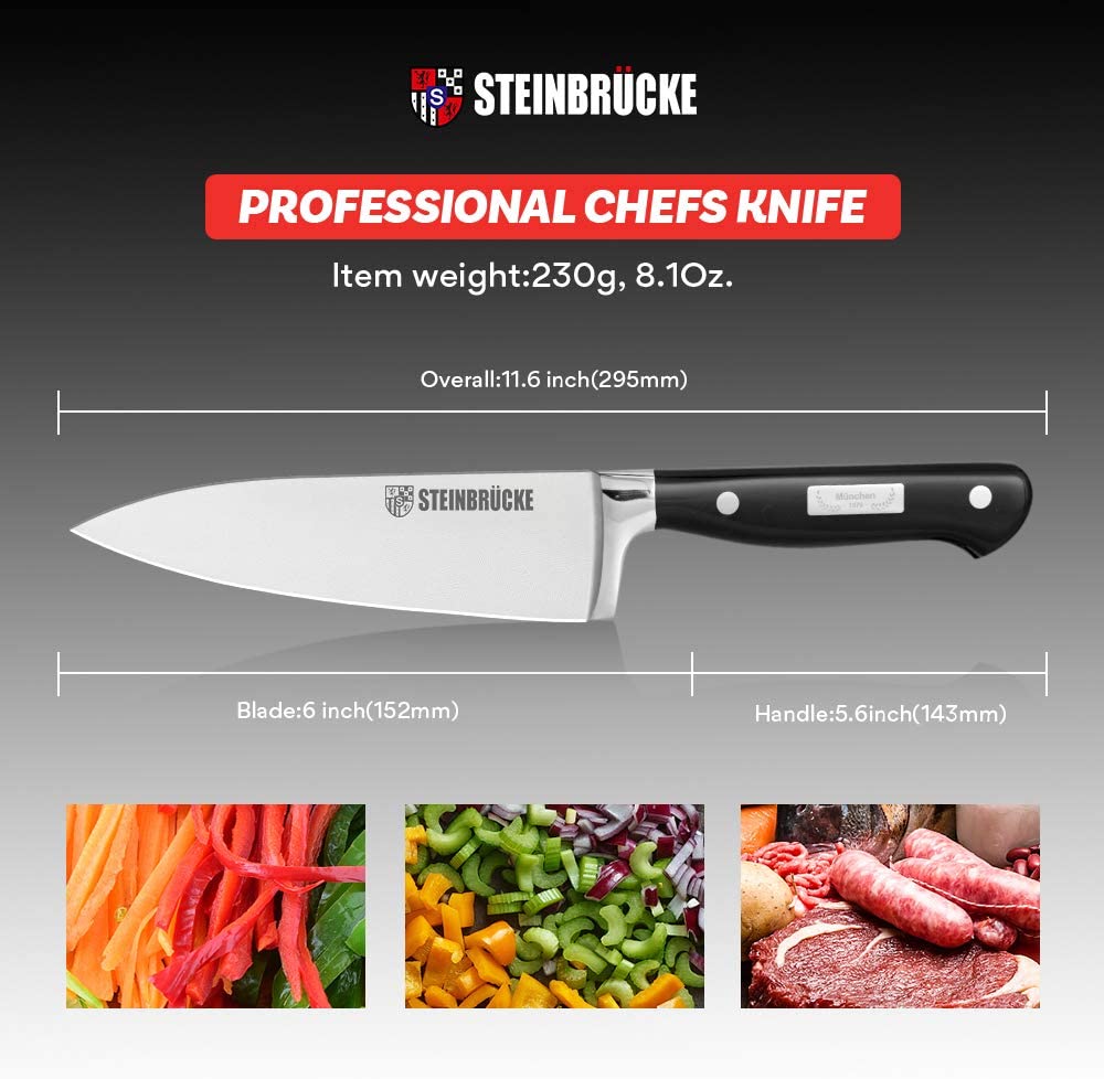 Steinbrücke 6 inch Chef Knife - Pro Kitchen Knife Stainless Steel 8Cr1